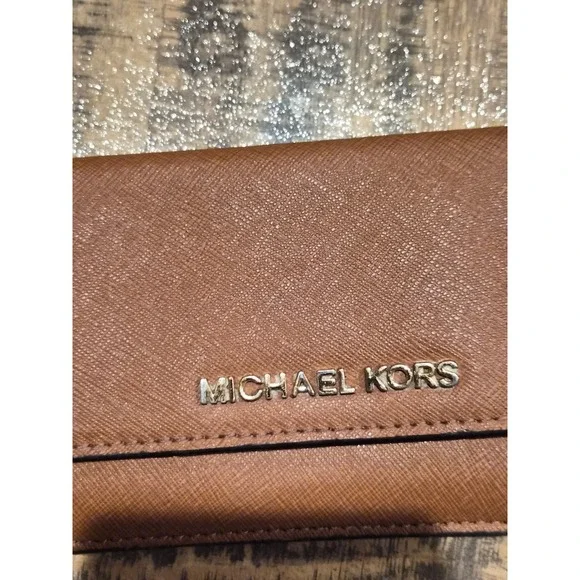 Michael Kors Jet Set Travel Slim Trifold Wallet Brown Saffiano Leather Gold Tone - Picture 3 of 6